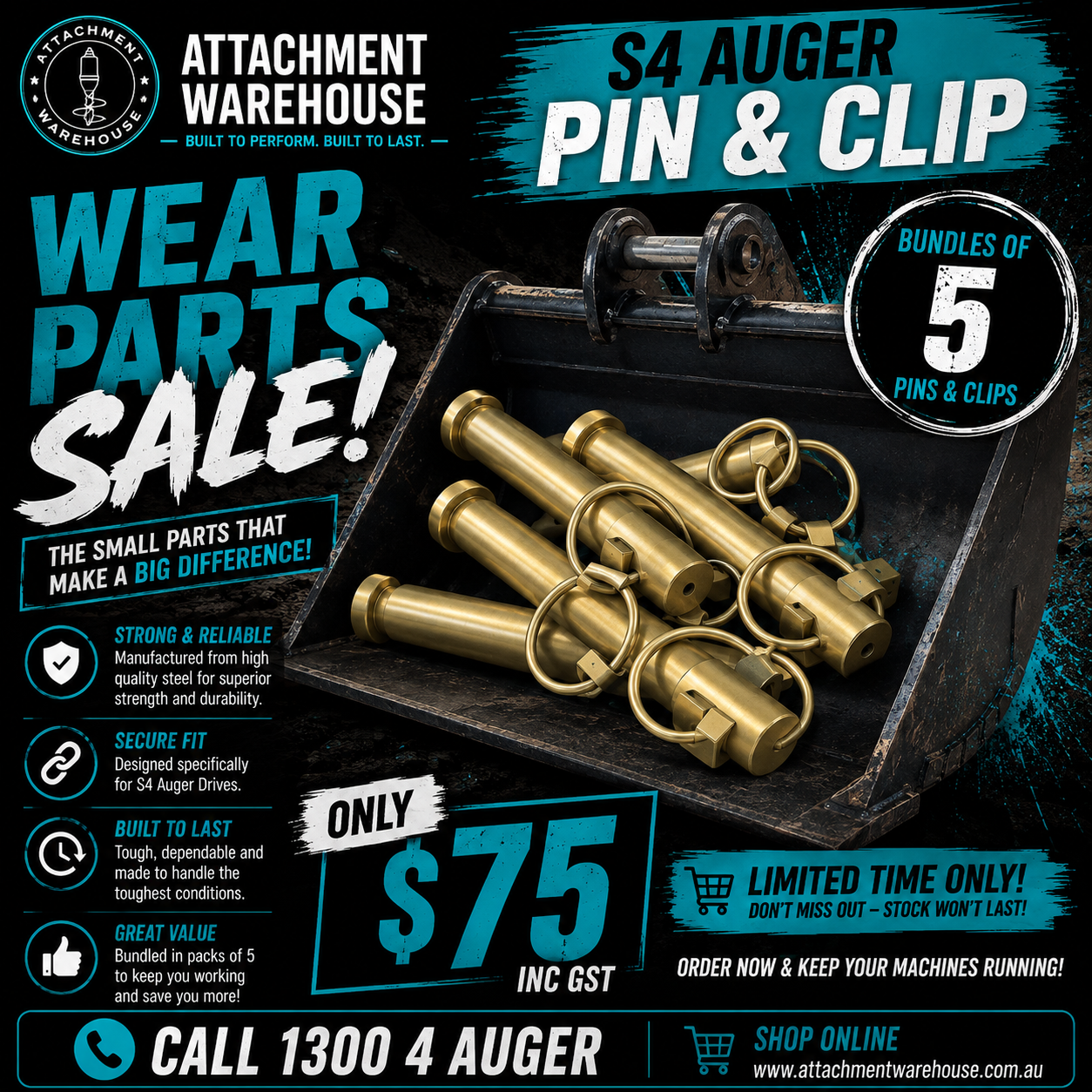 5 x Auger Torque Pin & Clip - S4 65mm Rnd