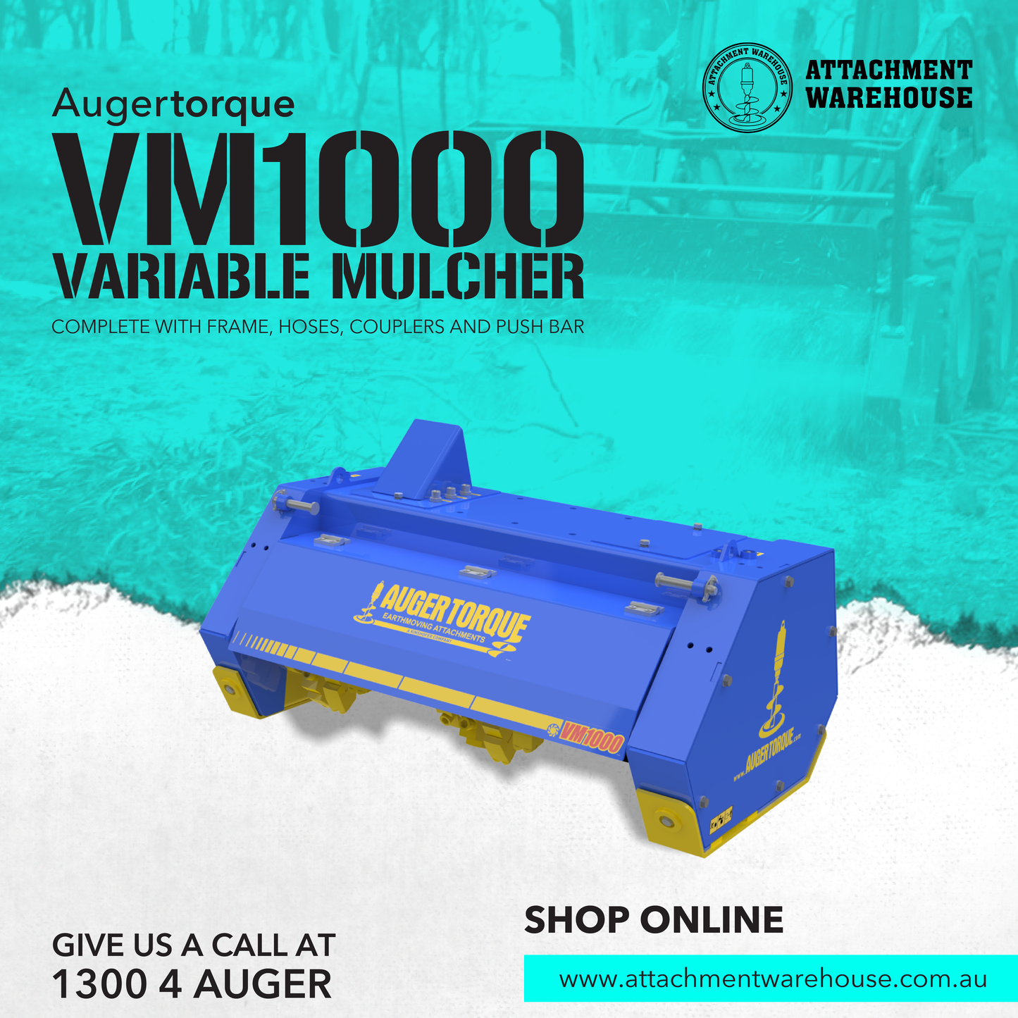 VM1000 Variable Mulcher complete with hitch, hoses, couplers and push bar